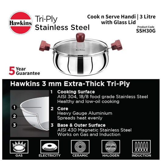 Hawkins SSH30G Tri-Ply Stainless Steel Cook n Serve Handi (3 L)