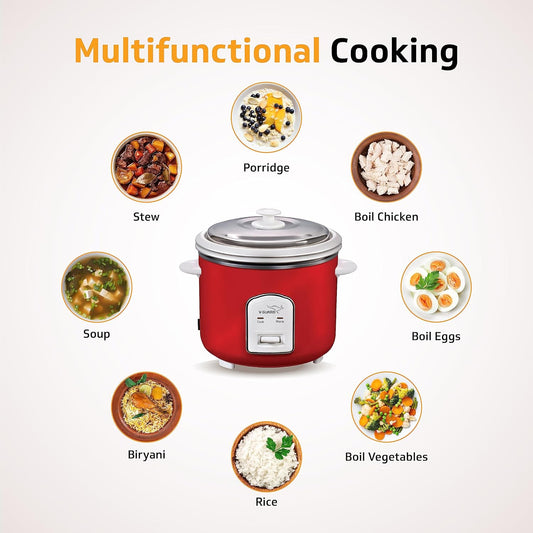 Red rice cooker with images of various dishes it can cook on a white background