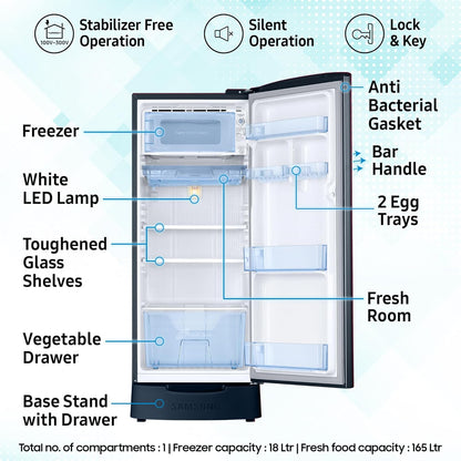 Samsung 183 L, 2 Star, Digital Inverter, Direct-Cool Single Door Refrigerator (RR20C1812U8/HL, Blooming Saffron Blue, Base Stand Drawer)