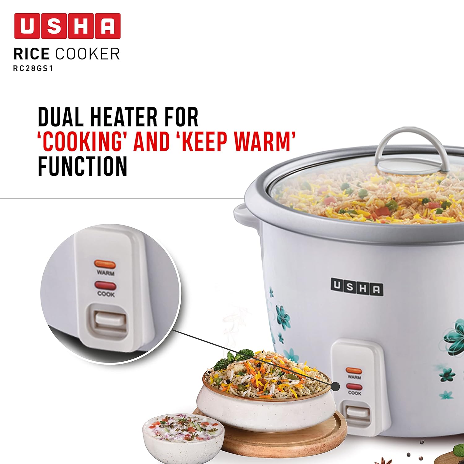 Usha RC28GS1 Electric Rice Cooker – 1000W with Steamer, Keep