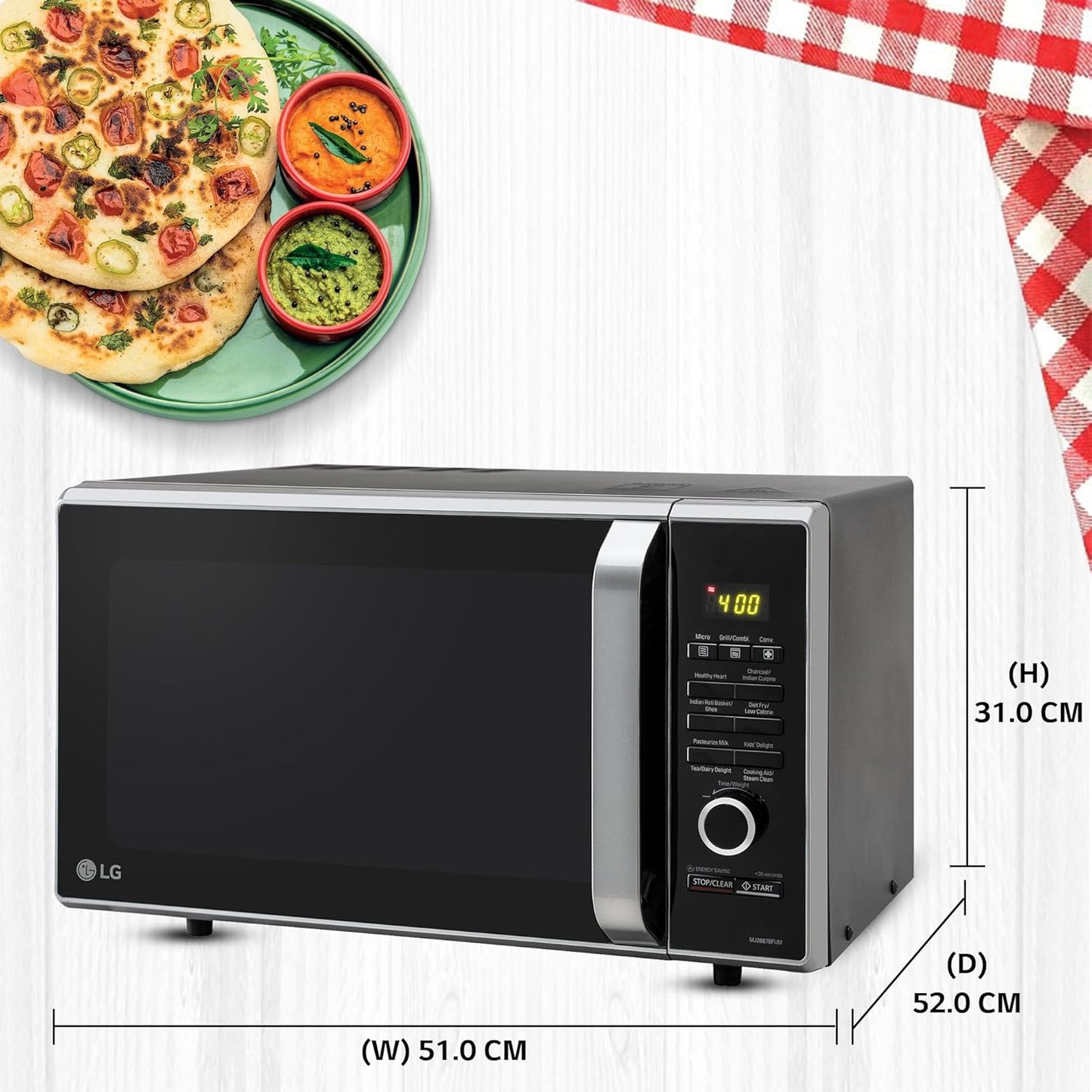 LG MJ2887BFUM 28 L Convection Microwave Oven with Charcoal Lighting Heater™, Diet Fry™, and Multi-Cook Tawa (Black)