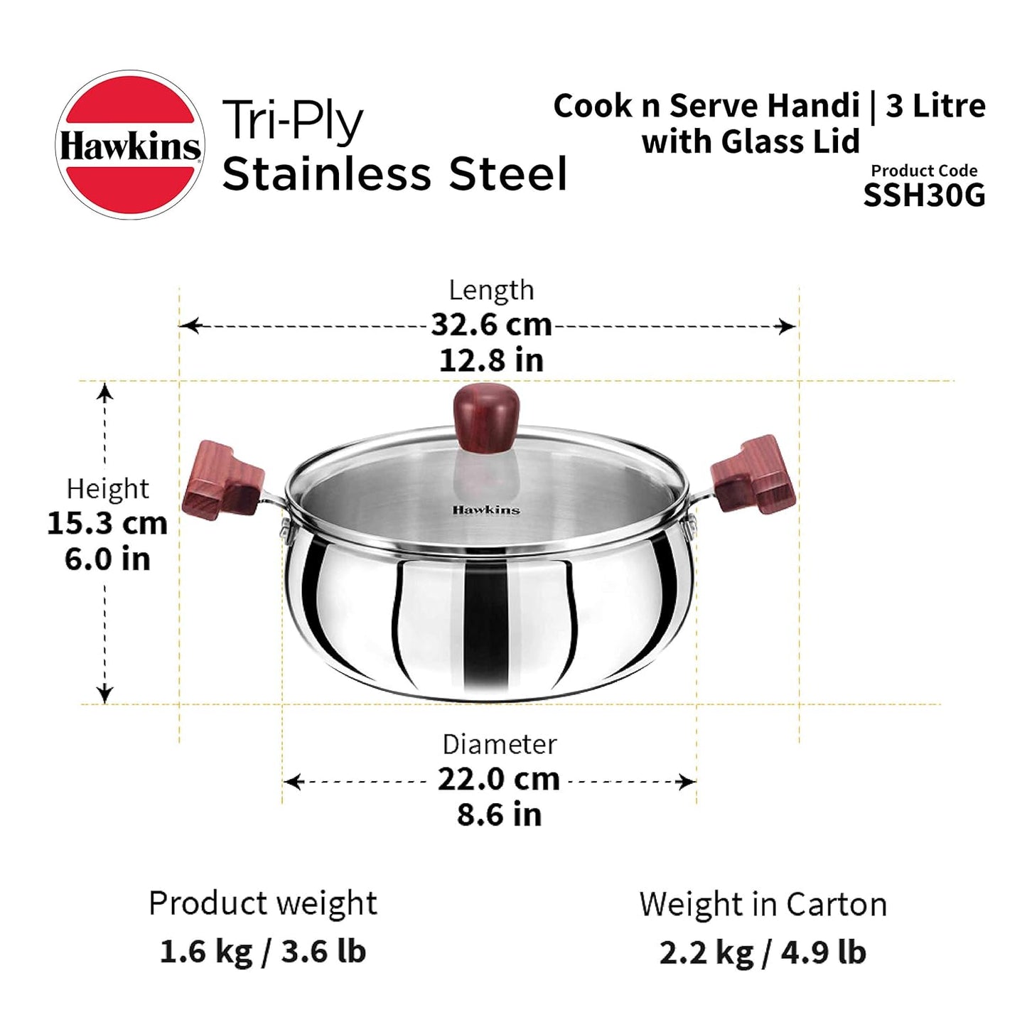 Hawkins SSH30G Tri-Ply Stainless Steel Cook n Serve Handi (3 L)