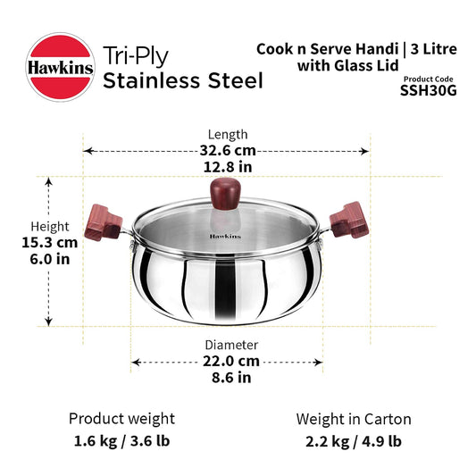 Hawkins SSH30G Tri-Ply Stainless Steel Cook n Serve Handi (3 L)