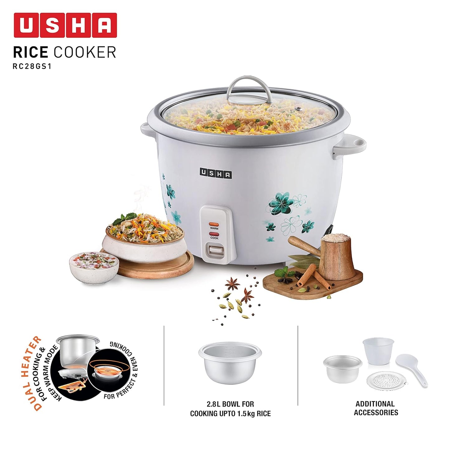 Usha RC28GS1 2.8L Electric Rice Cooker – 1000W with Steamer, Keep Warm Function