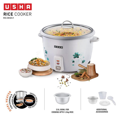 Usha RC28GS1 2.8L Electric Rice Cooker – 1000W with Steamer, Keep Warm Function
