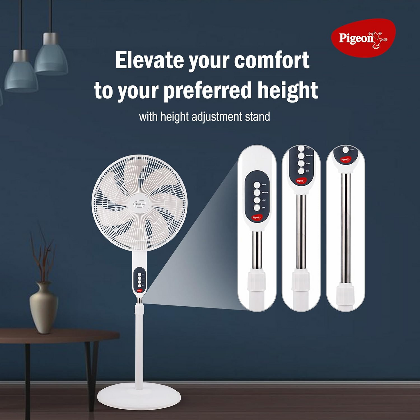 Pigeon Fantastic 7 Blade Pedestal Fan High Speed Airflow 3 Speed Stand Fan White