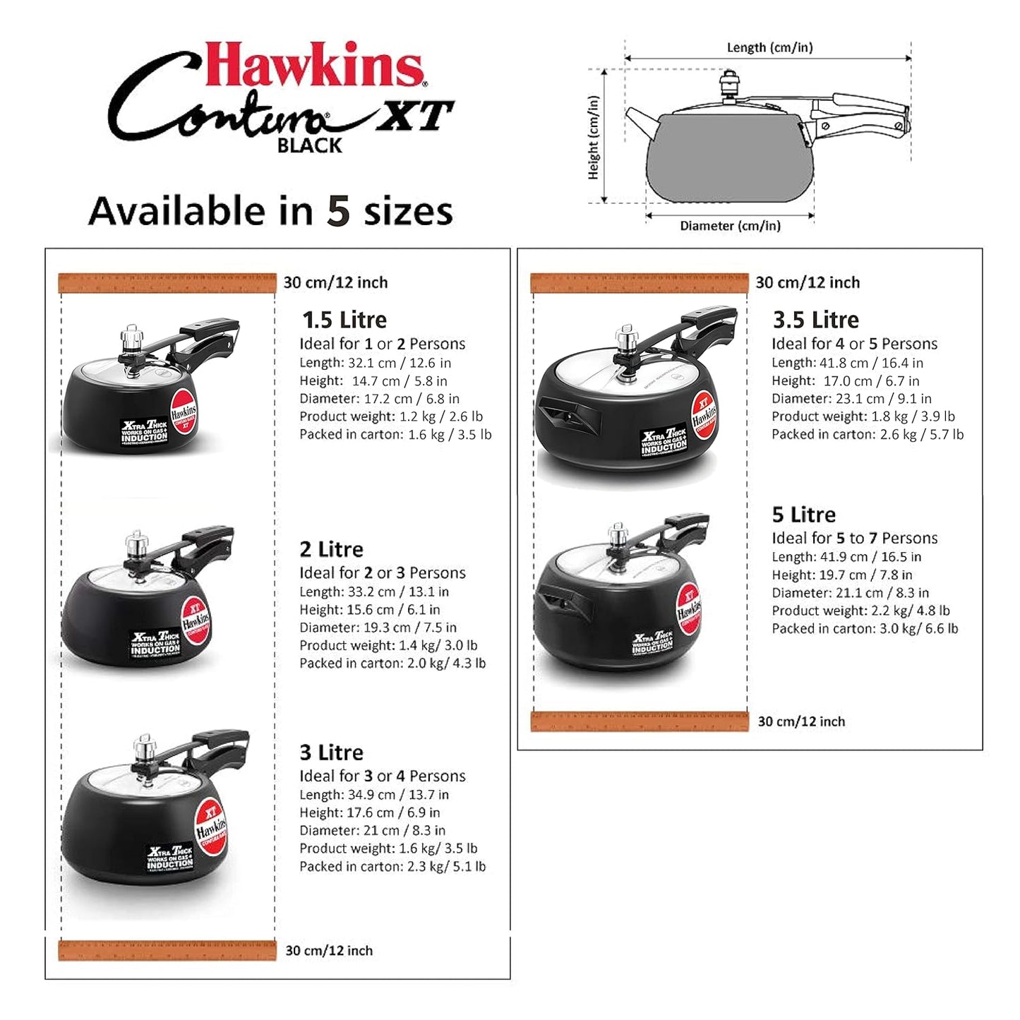 Hawkins Contura Black XT 5L Pressure Cooker – Hard Anodized, Induction-Compatible, Inner Lid Design
