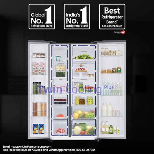 Samsung 653 L, 2 Star, Frost Free, Double Door, Convertible 5-in-1 Digital Inverter, Side By Side Refrigerator (RS76CG80X0S9HL, Silver, Refined Inox)