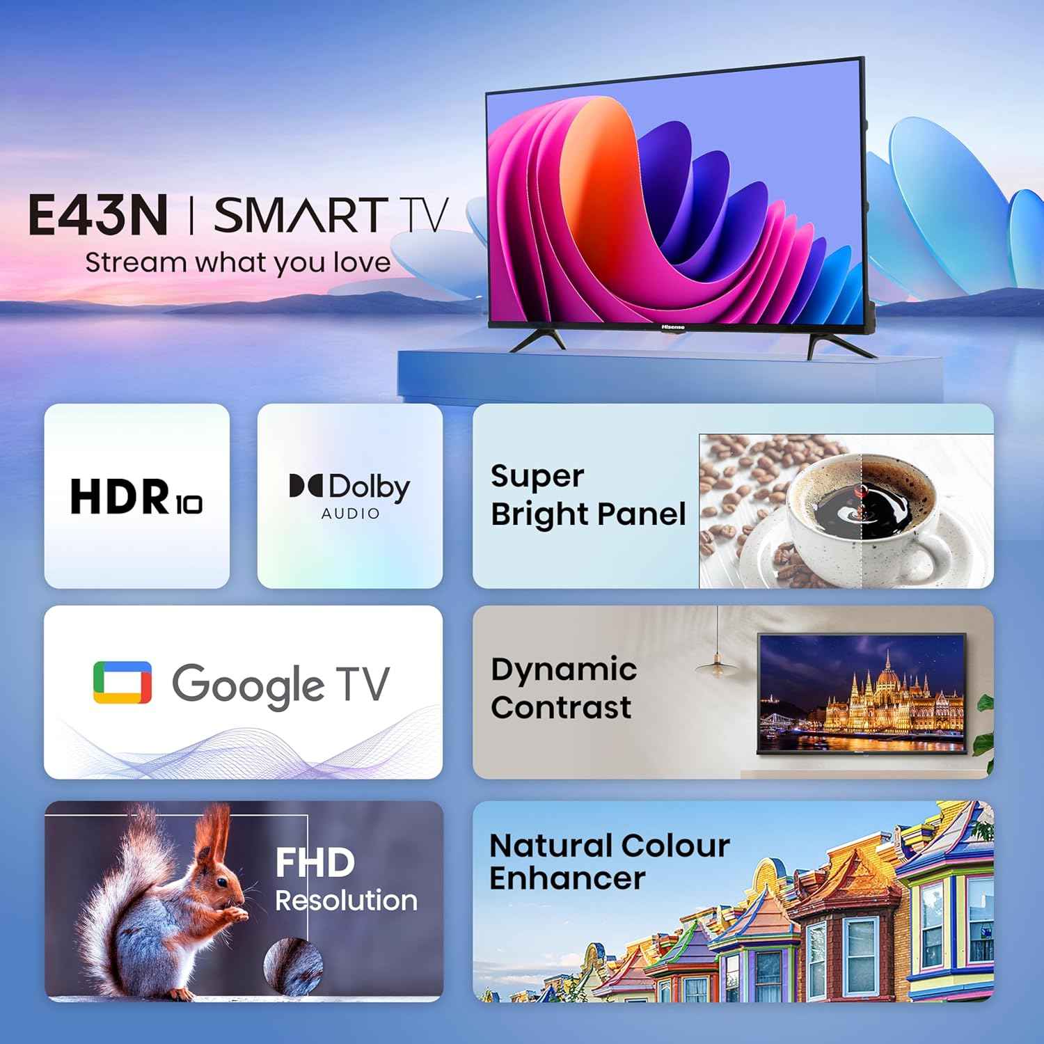 Hisense 43 Inch Full HD Smart Google TV 43E43N | HDR | Dolby Audio | Built-in Chromecast | Voice Remote | Black