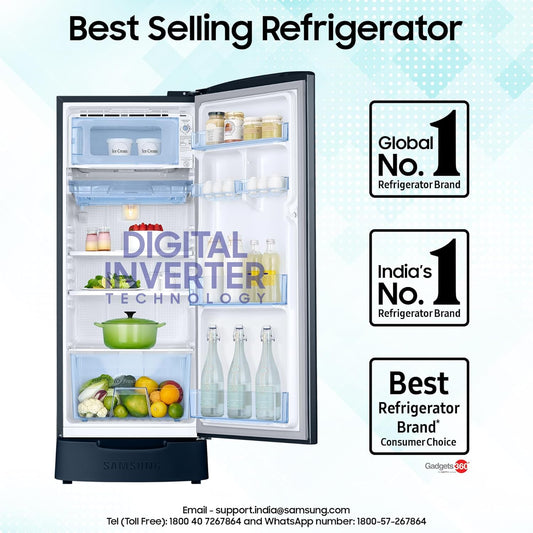 Samsung 183 L, 2 Star, Digital Inverter, Direct-Cool Single Door Refrigerator (RR20C1812U8/HL, Blooming Saffron Blue, Base Stand Drawer)