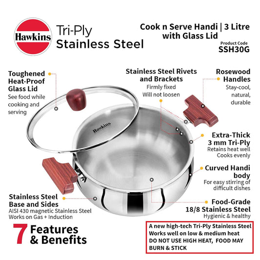 Hawkins SSH30G Tri-Ply Stainless Steel Cook n Serve Handi (3 L)