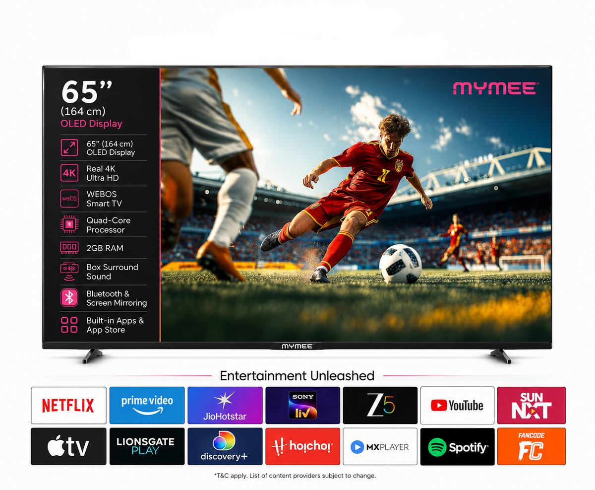 MyMee 65-inch 4K OLED smart TV shown on a white background with product specs on the left side of the screen and app logos along the bottom. The TV has a black bezel and stand, with the MyMee brand name visible on the screen and below it.
