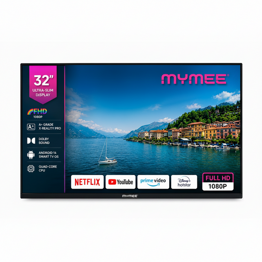 A 32-inch ultra slim LED TV by Mymee, shown from a front angle on a white background. The screen displays a scenic lake and mountain landscape with a sailboat, alongside various platform logos including Netflix, YouTube, Amazon Prime Video, Disney+, and Hotstar.