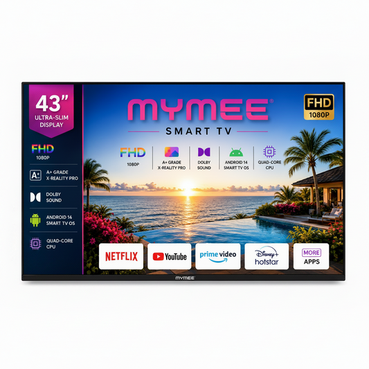 A 43-inch MYMEE smart TV shown front-on against a white background, with a tropical sunset beach scene displayed on the screen and app logos including Netflix, YouTube, Amazon Prime Video, Disney Hotstar, and more.