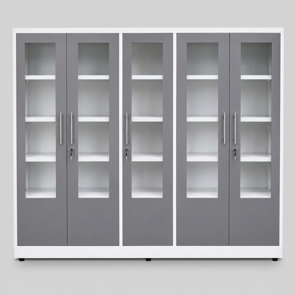 5-Face Glass Iron Almirah – Grey & White Finish