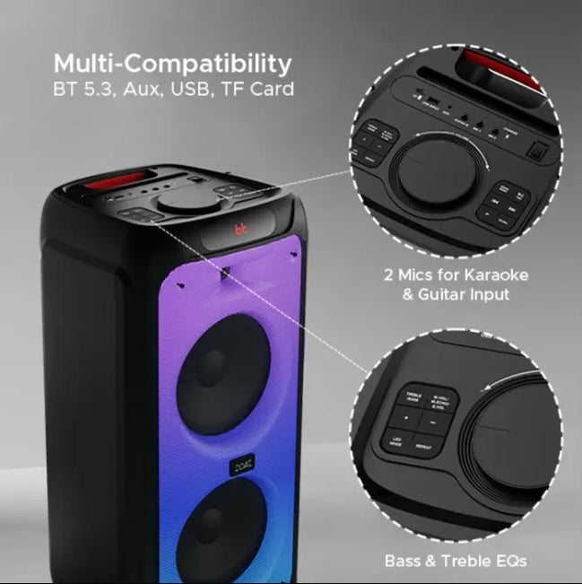 boAt PartyPal 400 – 160W Portable Bluetooth Party Speaker with Flame LEDs, Dual Mic & Guitar Inputs, EQ Modes, and TWS Support