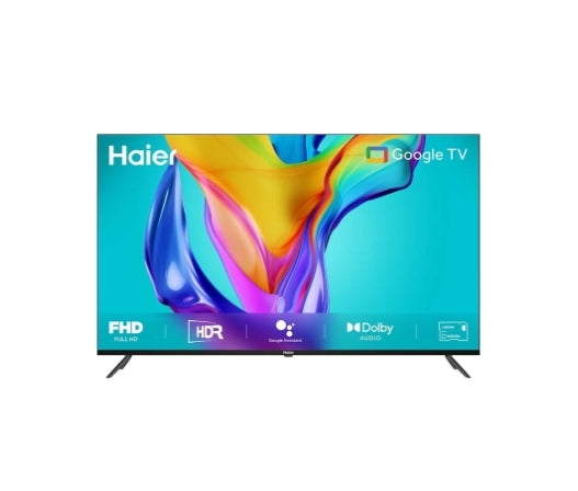 Haier TV with colorful display on a white background