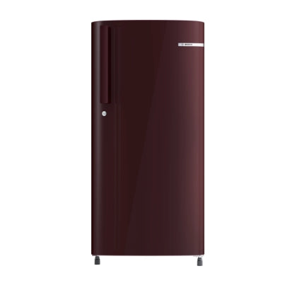 A compact, maroon free-standing refrigerator with a sleek, glossy finish and a vertical handle.