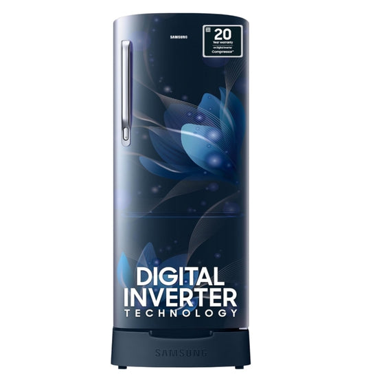 Samsung 183 L, 2 Star, Digital Inverter, Direct-Cool Single Door Refrigerator (RR20C1812U8/HL, Blooming Saffron Blue, Base Stand Drawer)
