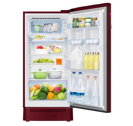 Samsung 189L 5 Star Inverter Direct-Cool Single Door Refrigerator Appliance (RR21C2H25RZ/HL,Midnight Blossom Red) Base Stand Drawer