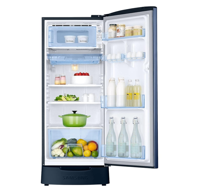 Samsung 183 L, 3 Star, Digital Inverter, Direct-Cool Single Door Refrigerator (RR20C1823CU/HL, Camellia Blue, Base Stand Drawer)