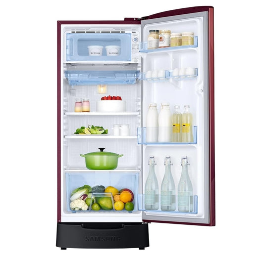 Samsung 183 L, 3 Star, Digital Inverter, Direct-Cool Single Door Refrigerator (RR20F1823WR/HL, Wild Lily Red, Base Stand Drawer)