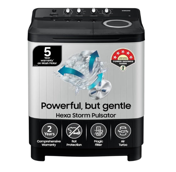 Samsung 8 kg, 5 star, Semi-Automatic Top Load Washing Machine (WT80C4200GG/TL, Air Turbo Drying, Light Gray, 5 Year Warranty on Wash Motor)