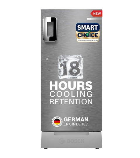 Bosch SmartChoice 207 L, 3 Star, Single Door Refrigerator with Industry's largest base drawer & veg box*(CST20S23PI,Fine Steel) |18 Hr Cooling Retention, 2.5x Faster Cooling, smart inverter compressor