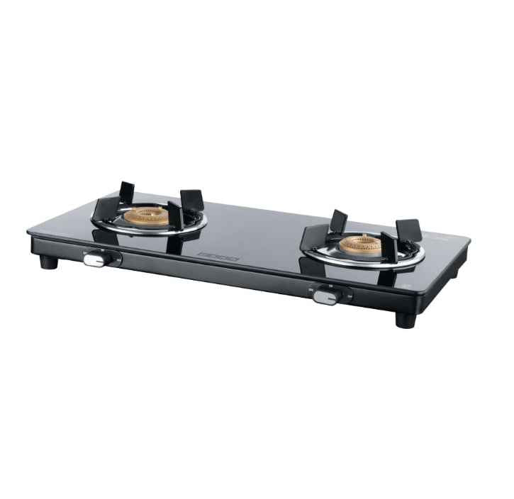 USHA Ebony Neo Slim 2 burner (EBNSL2RGC) with stainless steel body, glass cooktop, large space for parallel cooking, and removable drip tray