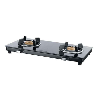 USHA Ebony Neo Slim 2 burner (EBNSL2RGC) with stainless steel body, glass cooktop, large space for parallel cooking, and removable drip tray