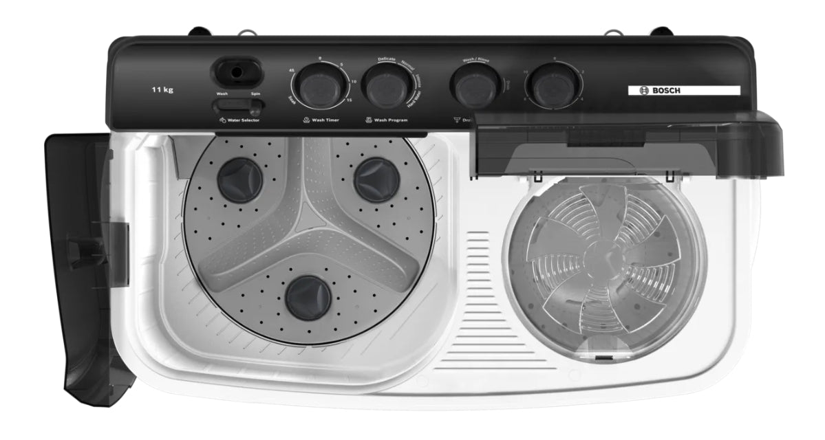 Bosch Series 2 11 kg Semi-Automatic Top Load Washing Machine (WJZ115W0IN, White & Black) - Powerful Wash, Fast Dry
