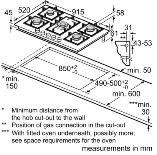 Bosch PPQ9B6O90I 90 cm 5-Burner Built-In Gas Hob