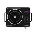 Black Mymee smart induction cooktop with side handles, digital display, and touch control icons on a white background.
