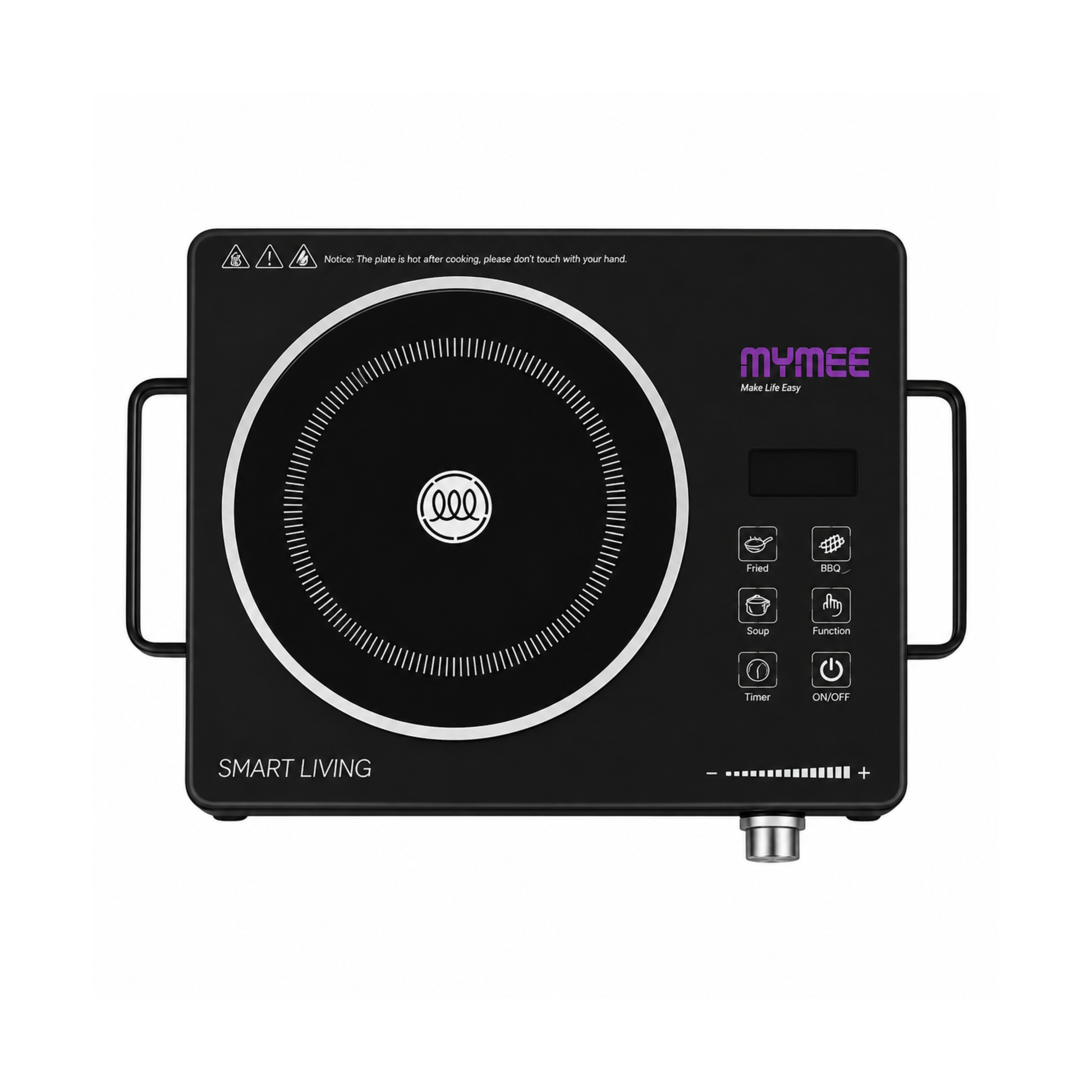 Black Mymee smart induction cooktop with side handles, digital display, and touch control icons on a white background.