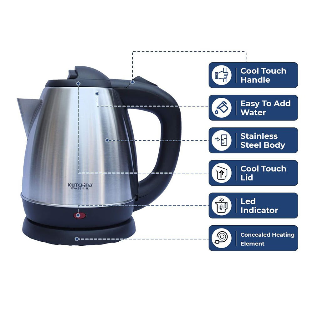 Kutchina EVASS 1.5L Electric Kettle – 1500W, Stainless Steel Body, 360° Cordless Base, Auto Shut-Off