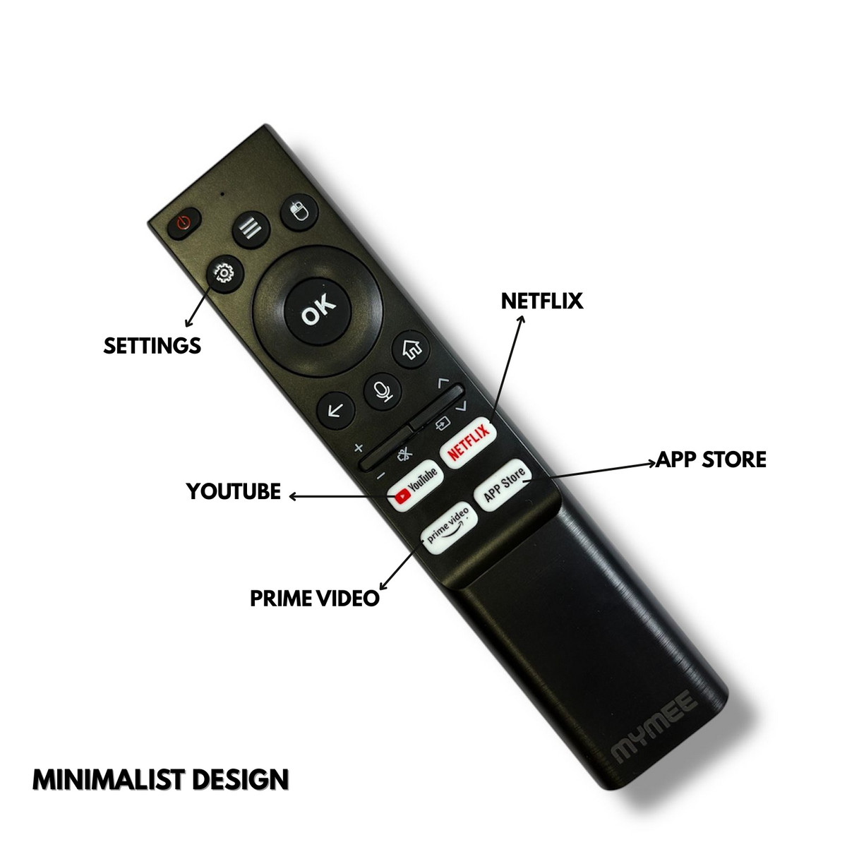 Black remote control with labeled buttons on a white background