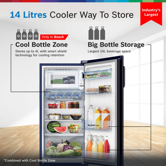 BOSCH 187L, 4 Star, Single Door Refrigerator with Industry's largest base drawer, vegetable box* & Beverage space (CST18B34PI, Feather blue) 18 Hr Cooling Retention, 2.5x Cooling, inverter compressor