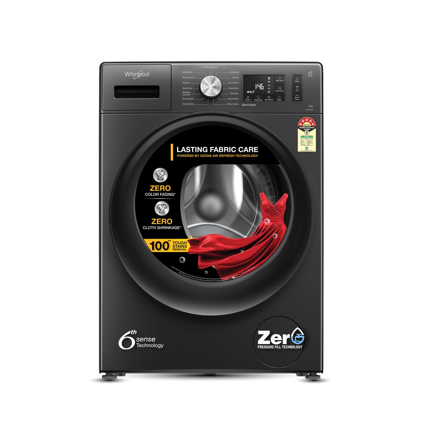 Whirlpool 9 Kg Ozone Technology 5 Star Inverter Front Load Fully Automatic Washing Machine with In-Built Heater (XO9012BYM52E, Midnight Grey, 100+ Tough Stains, 1400 RPM)