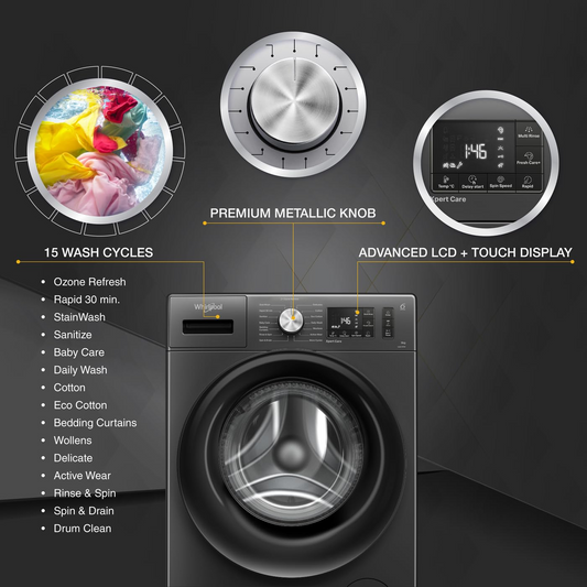 Whirlpool 9 Kg Ozone Technology 5 Star Inverter Front Load Fully Automatic Washing Machine with In-Built Heater (XO9012BYM52E, Midnight Grey, 100+ Tough Stains, 1400 RPM)