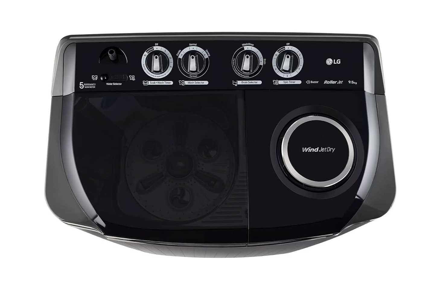 LG 9.5Kg 5 Star Semi Automatic Top Load Washing Machine,(Roller Jet Pulsator + Soak, Rat Away, Middle Black,P9555SKAZ)