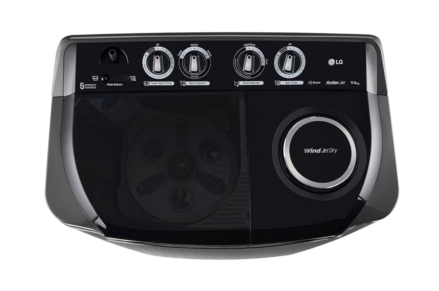 LG 9.5Kg 5 Star Semi Automatic Top Load Washing Machine,(Roller Jet Pulsator + Soak, Rat Away, Middle Black,P9555SKAZ)