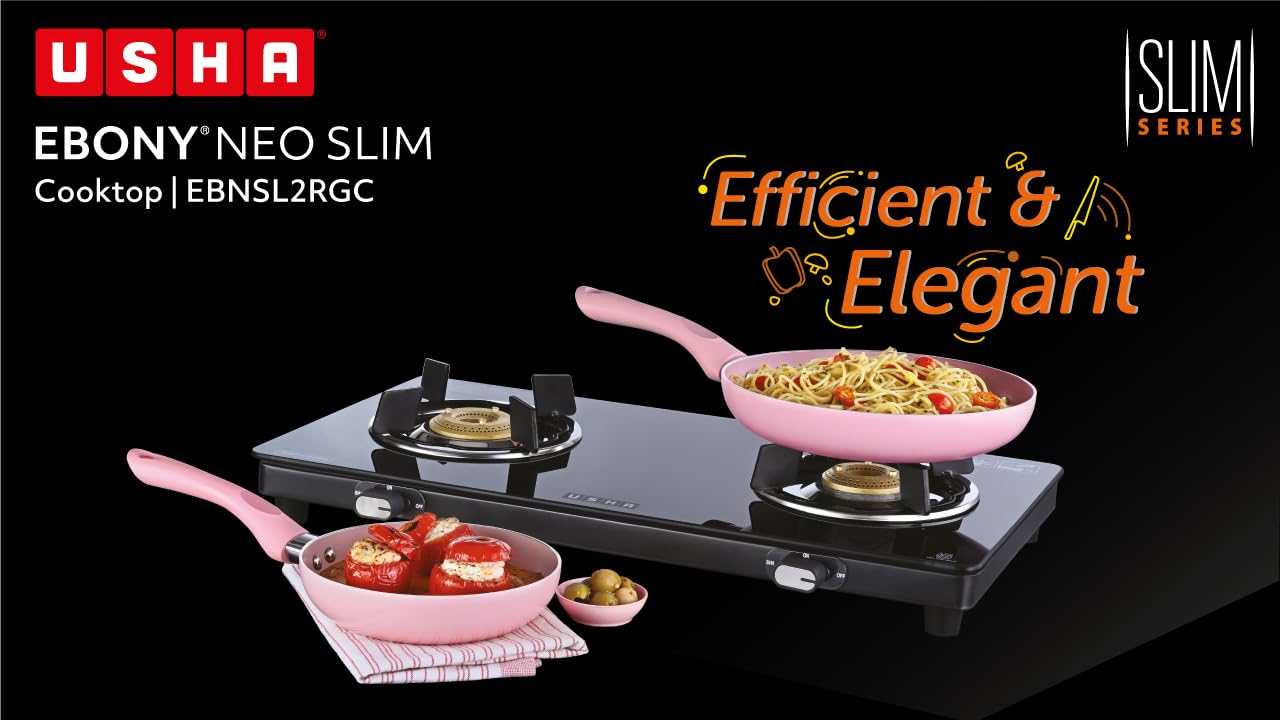USHA Ebony Neo Slim 2 burner (EBNSL2RGC) with stainless steel body, glass cooktop, large space for parallel cooking, and removable drip tray
