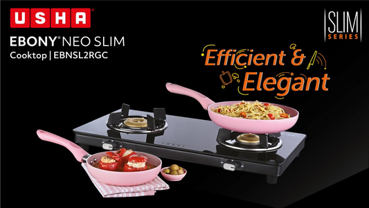 USHA Ebony Neo Slim 2 burner (EBNSL2RGC) with stainless steel body, glass cooktop, large space for parallel cooking, and removable drip tray