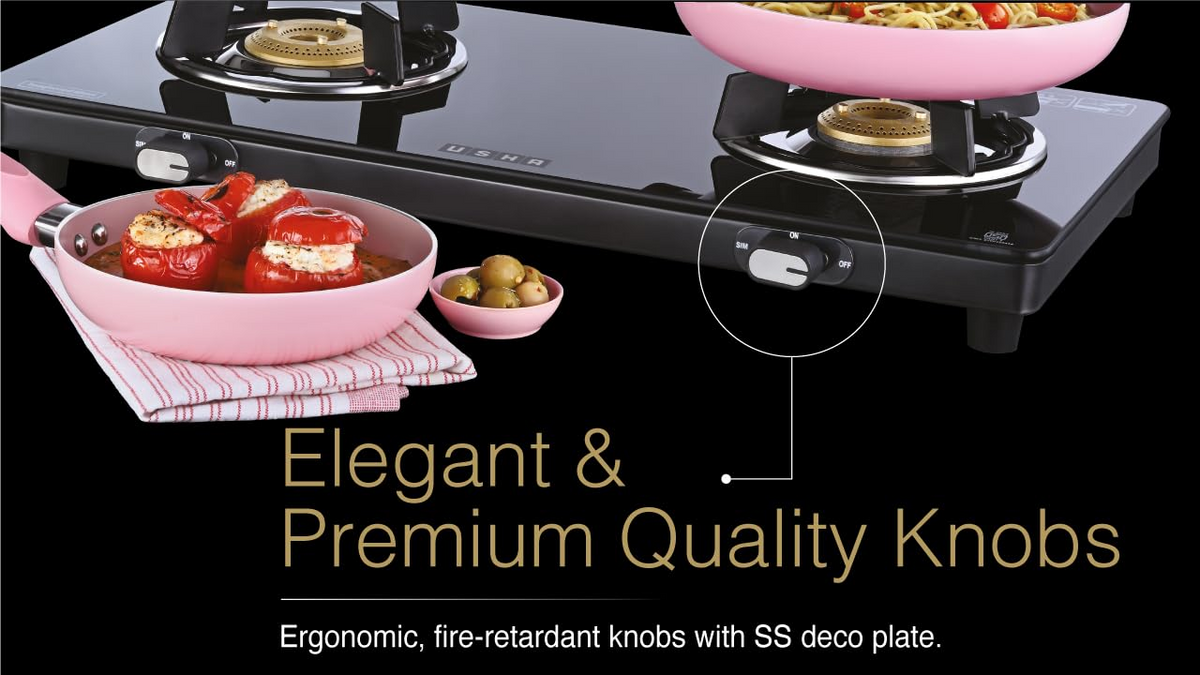 USHA Ebony Neo Slim 2 burner (EBNSL2RGC) with stainless steel body, glass cooktop, large space for parallel cooking, and removable drip tray