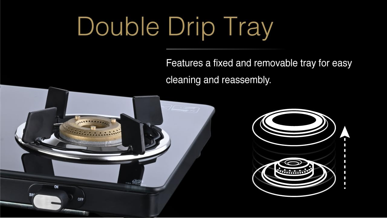 USHA Ebony Neo Slim 2 burner (EBNSL2RGC) with stainless steel body, glass cooktop, large space for parallel cooking, and removable drip tray