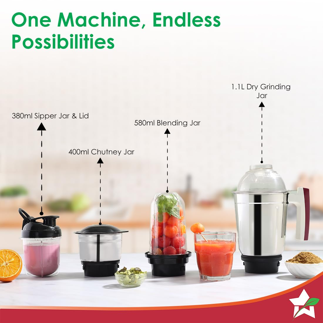 Wonderchef Acura Plus 500 W Mixer Grinder | 4 Jars | Stainless Steel and Transparent PC Jars | Powerful Blending, Mixing, Grinding | 3-Speed, Pulse Function | Anti-Skid Feet | 5 Year Warranty on Motor