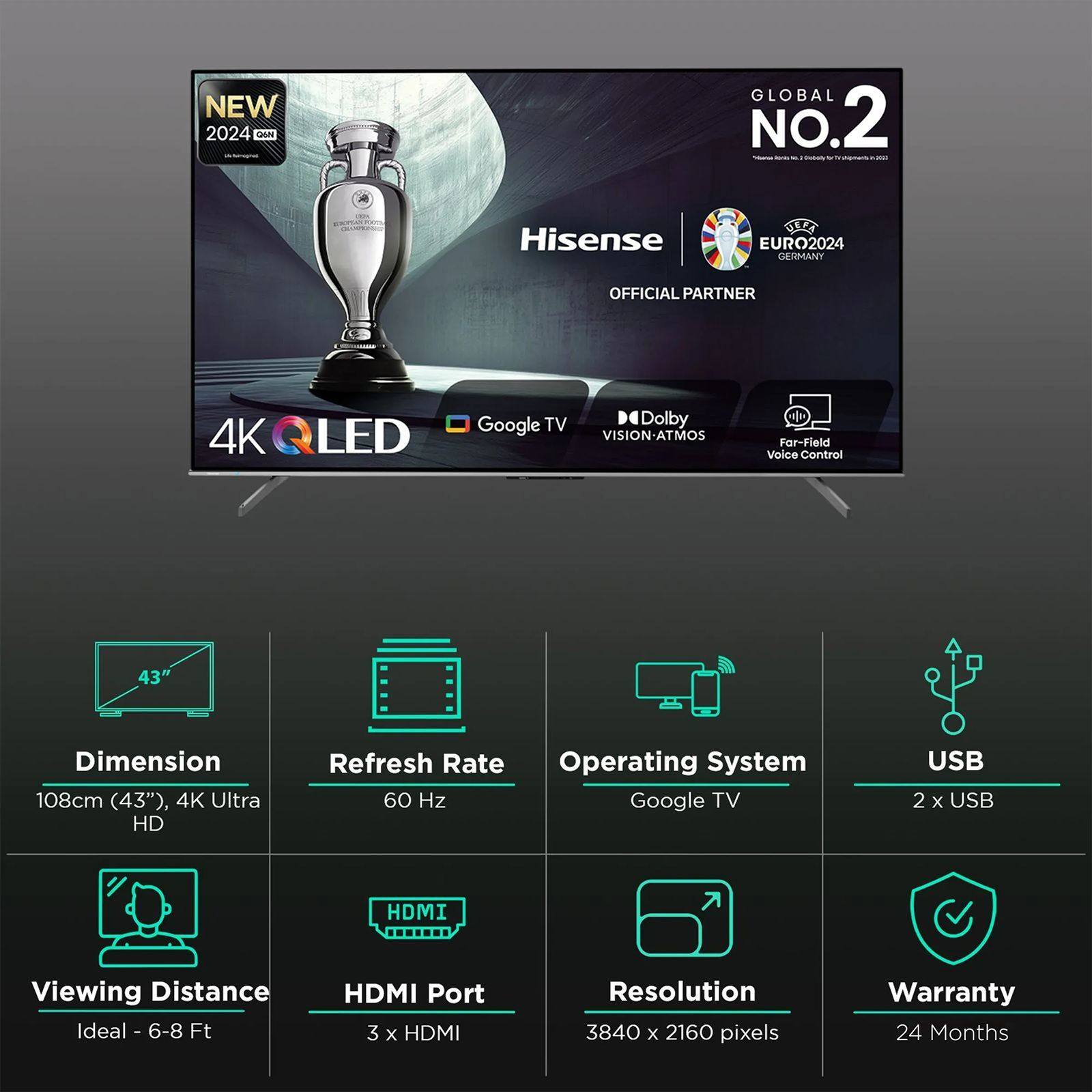 Hisense Q6N 109 cm (43 inch) QLED 4K Ultra HD Smart Google TV with 4K AI Upscaler (2024)