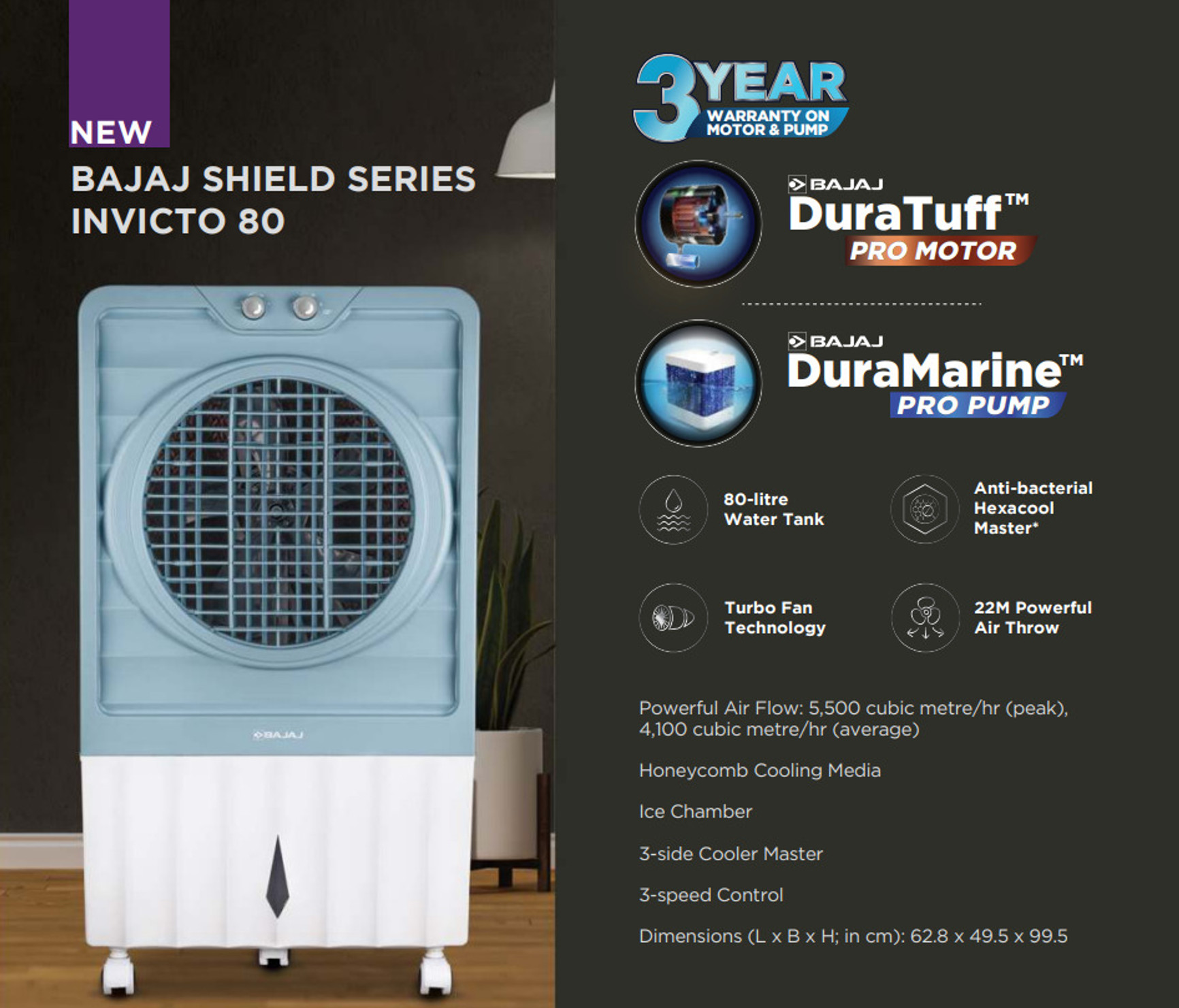 Bajaj Shield Series Invicto 80 Desert Air Cooler with Turbo Fan Technology, DuraTuff™ PRO Motor & DuraMarine™ PRO Pump (White)