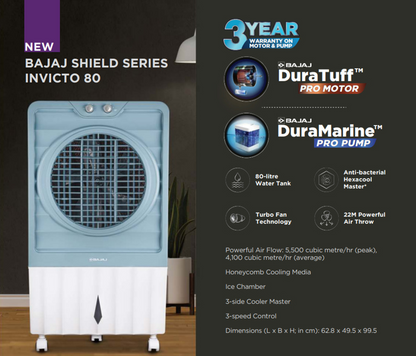 Bajaj Shield Series Invicto 80 Desert Air Cooler with Turbo Fan Technology, DuraTuff™ PRO Motor & DuraMarine™ PRO Pump (White)