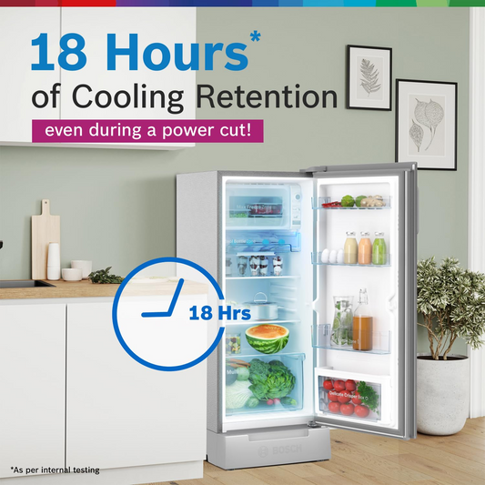 Bosch SmartChoice 207 L, 3 Star, Single Door Refrigerator with Industry's largest base drawer & veg box*(CST20S23PI,Fine Steel) |18 Hr Cooling Retention, 2.5x Faster Cooling, smart inverter compressor